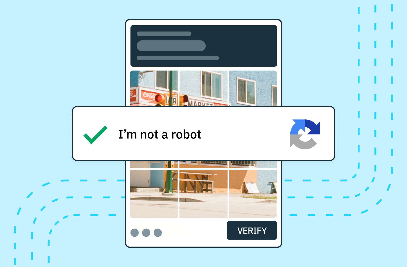A light blue background with a CAPTCHA test on it that has been solved, with the "I am not a robot" box successfully checked.