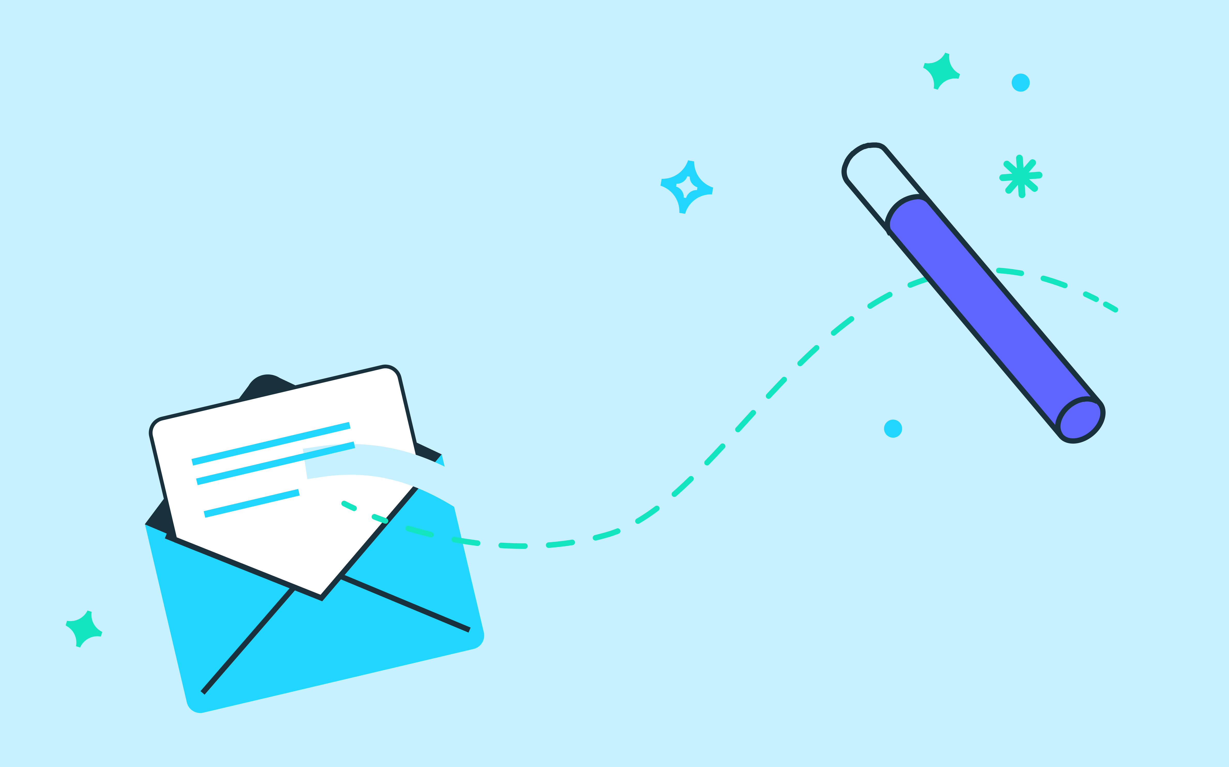 An image of an envelope with a letter in it, activated by a magic wand, representing an email magic link