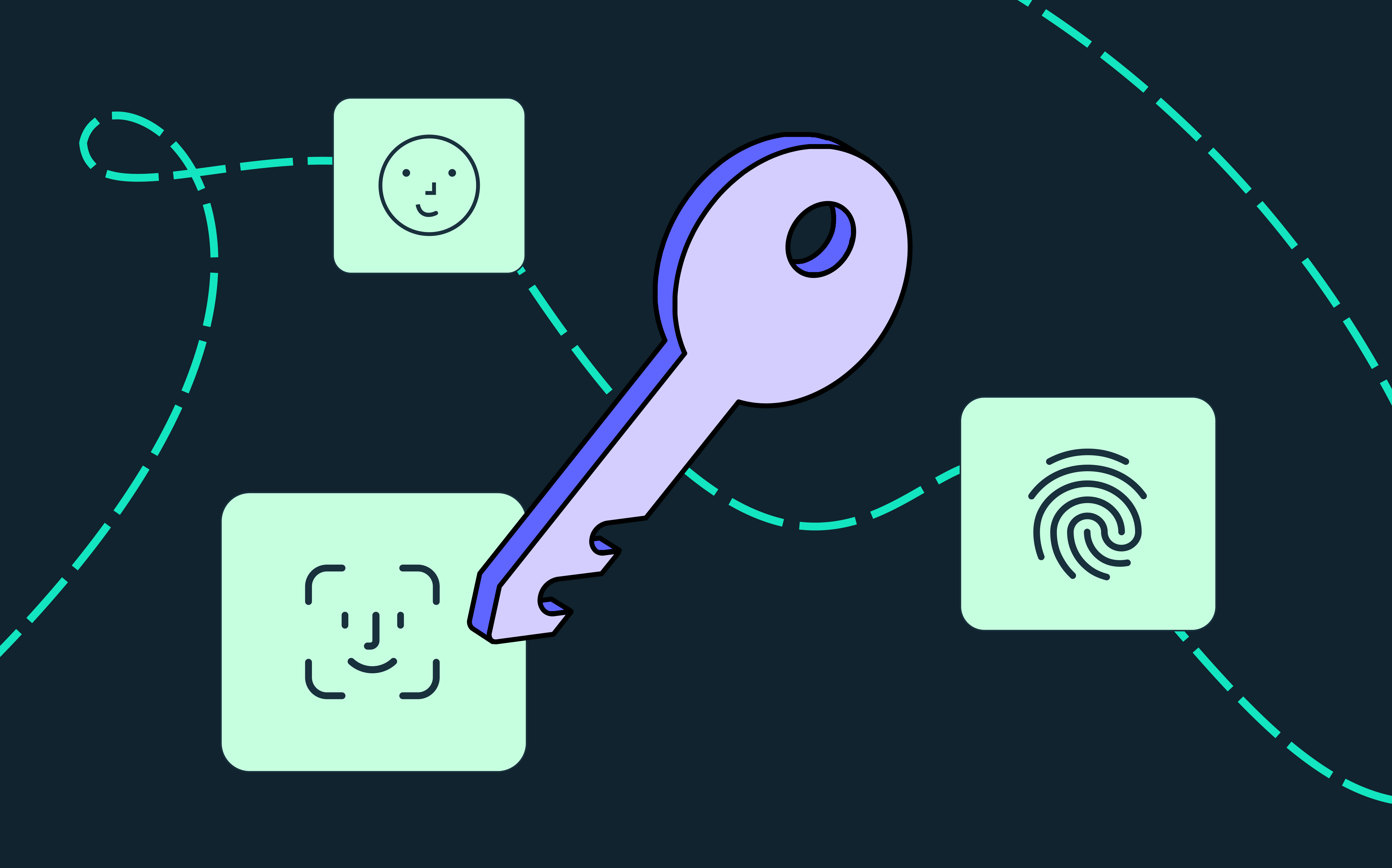A collage of icons representing different biometric factors (face, thumb) with a key to represent passkey-based authentication