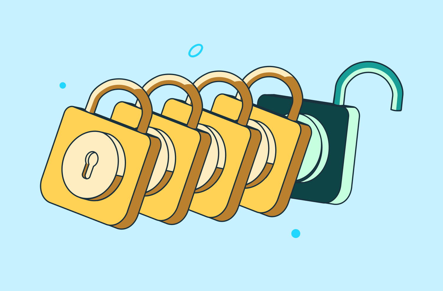 A series of locks finally unlock in the final frame – a metaphor for the power of passwordless authentication