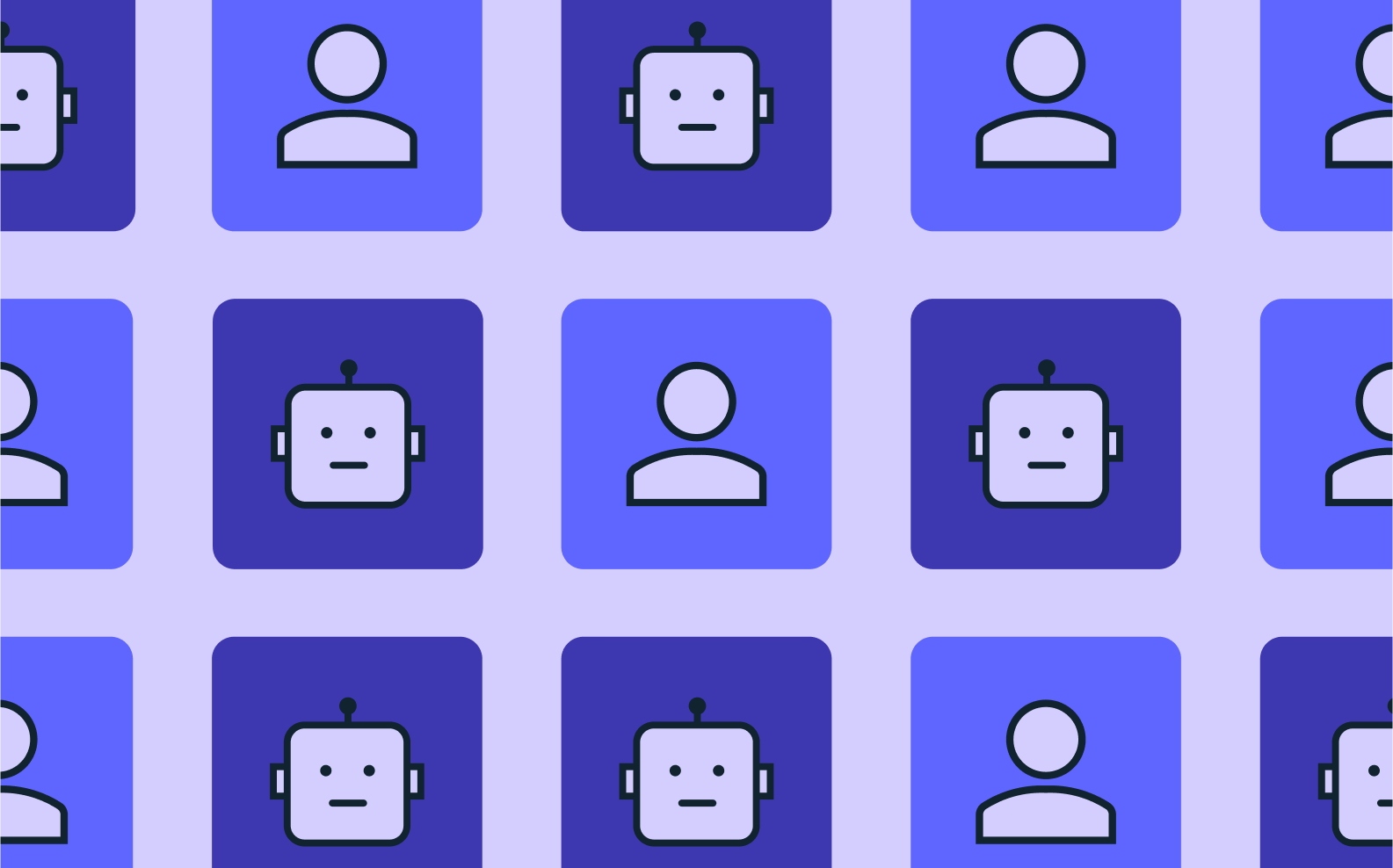 Tiled pattern on purple background of alternating icons representing bots and humans
