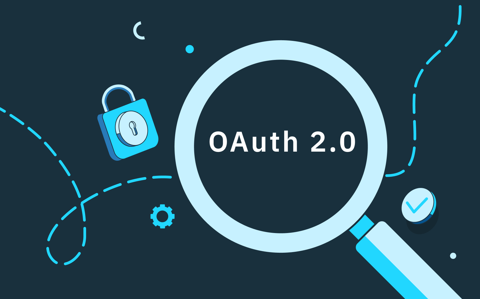 A light blue magnifying glass on a dark blue background, magnifying the words "OAuth 2.0"