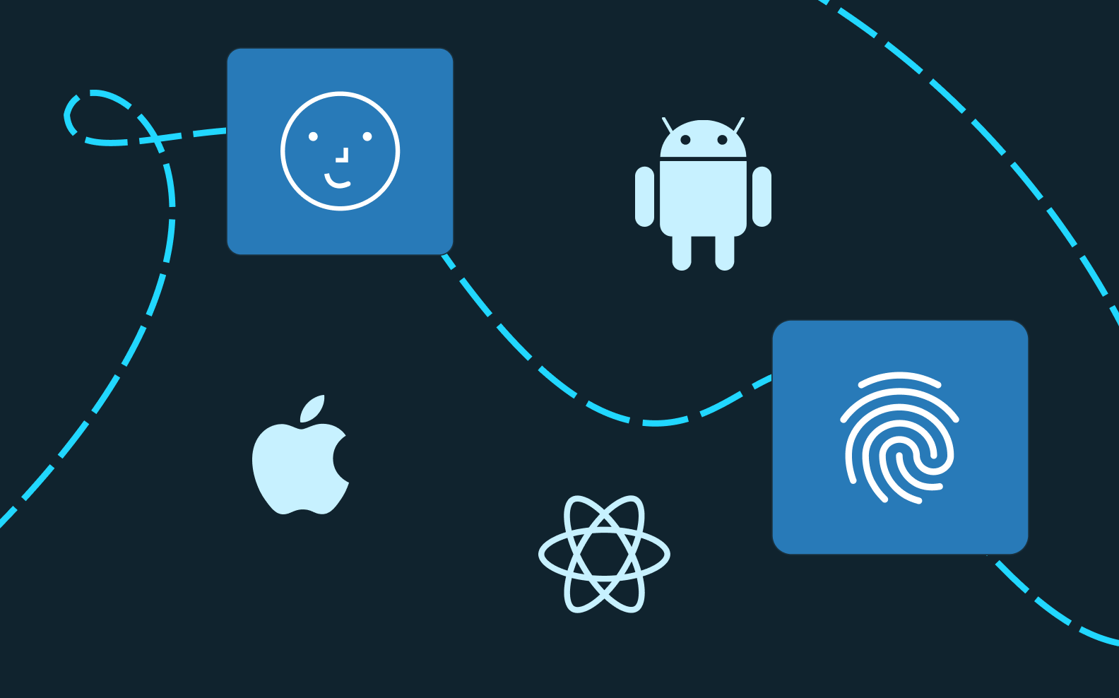 Light blue logos for Android (a robot), Apple (an apple) and React Native (an atom diagram) on a dark blue background, also with a thumbprint icon and a FaceID icon