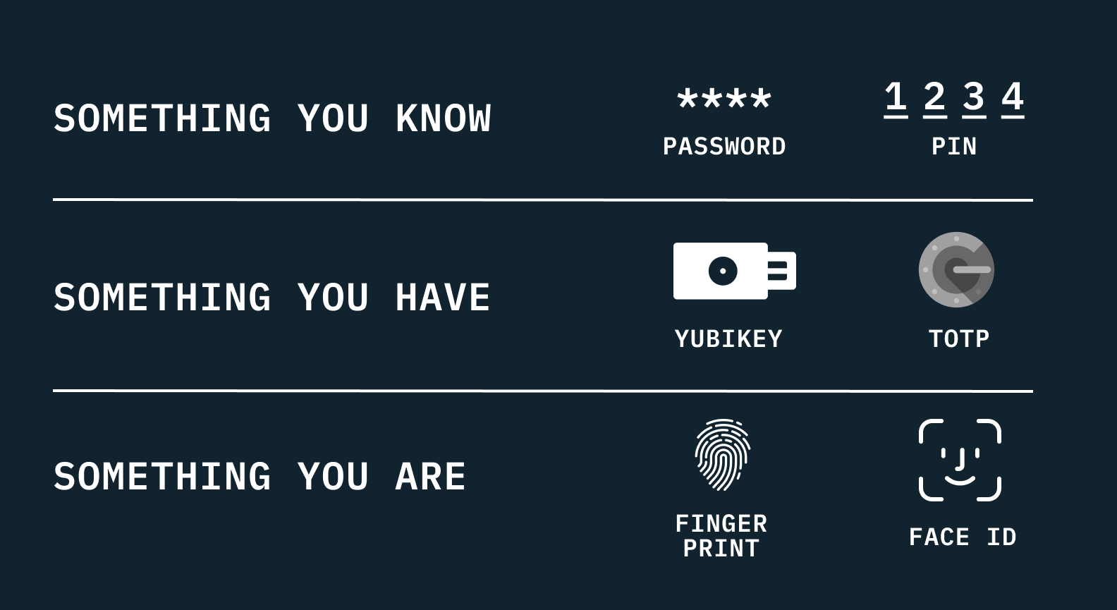 A table in white font on a dark blue background, listing three kinds of authentication: Something you know – passwords and pins; Something you have - yubikey and authenticator app; Something you are – thumbprint and face