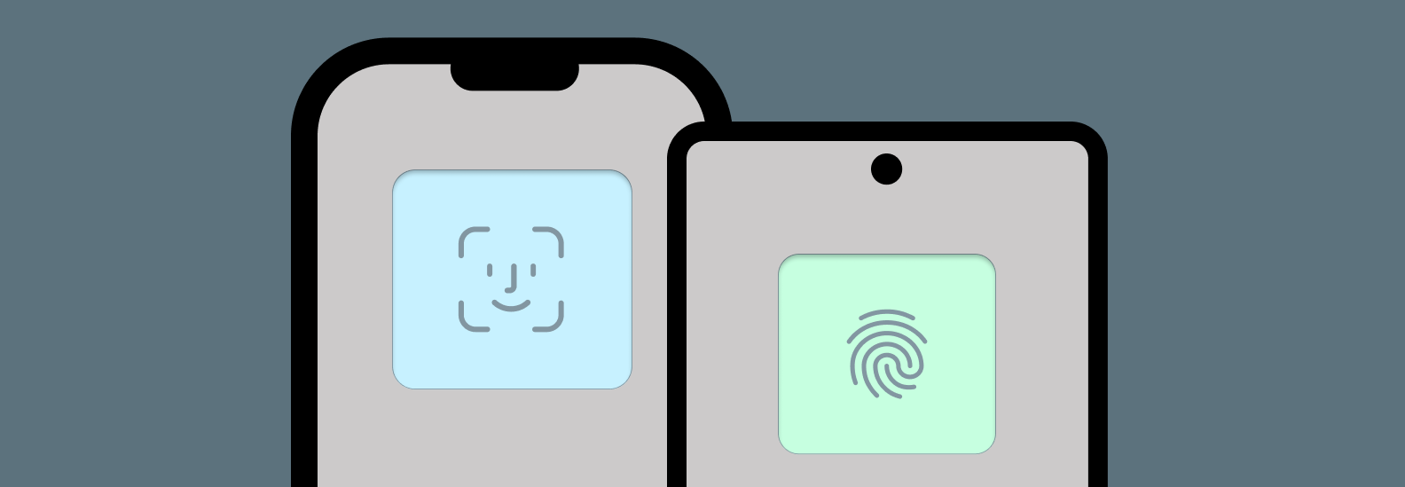 An illustration of two smartphone screens on a gray background – one has a visual prompt for FaceID with a face icon, and the other shows a visual prompt for TouchID with a thumbprint.
