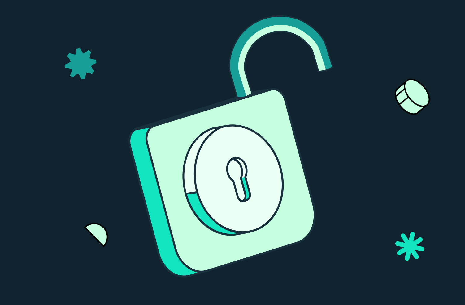 A mint green padlock that has been unlocked, floating on a dark blue background