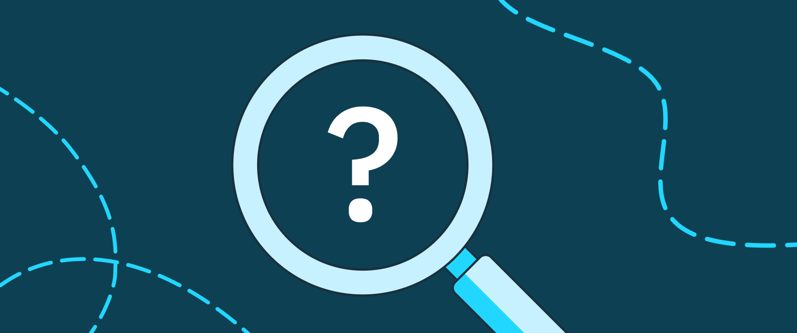 A cartoon of a magnifying glass focused on a question. mark, on a teal background