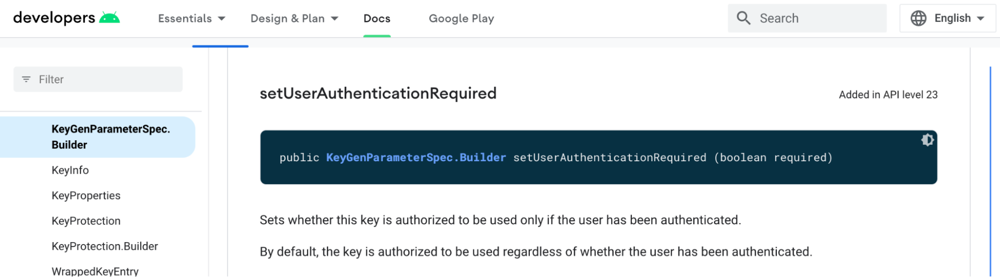 Android Keystore docs for KeyGenerator and UserAuthenticationRequired