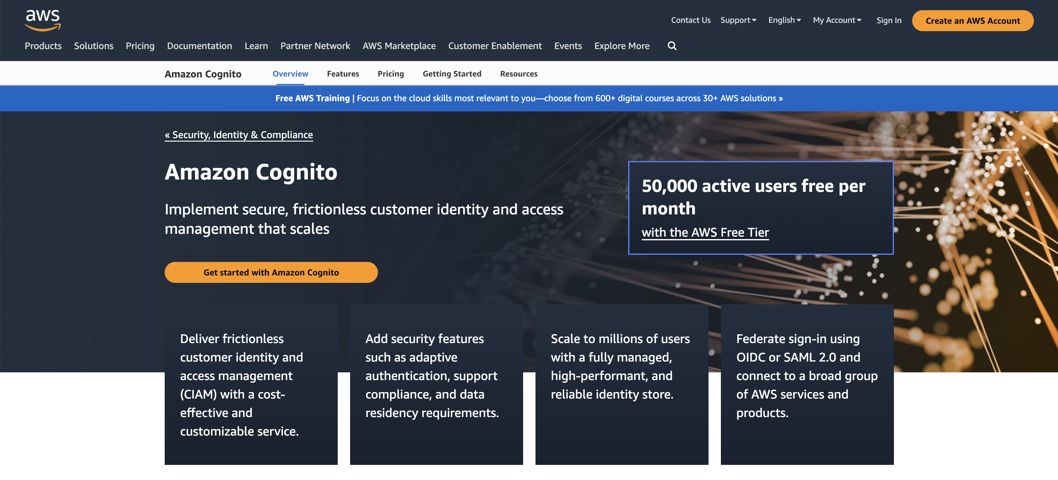 A screenshot of the Amazon Cognito homepage