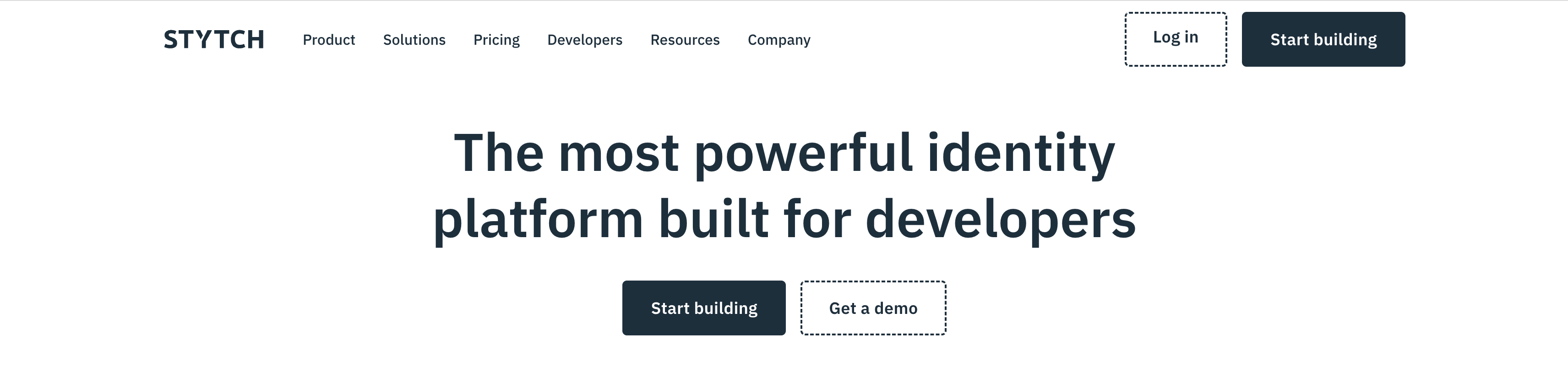 A screenshot of the Stytch homepage, which reads "The most powerful identity platform built for developers"