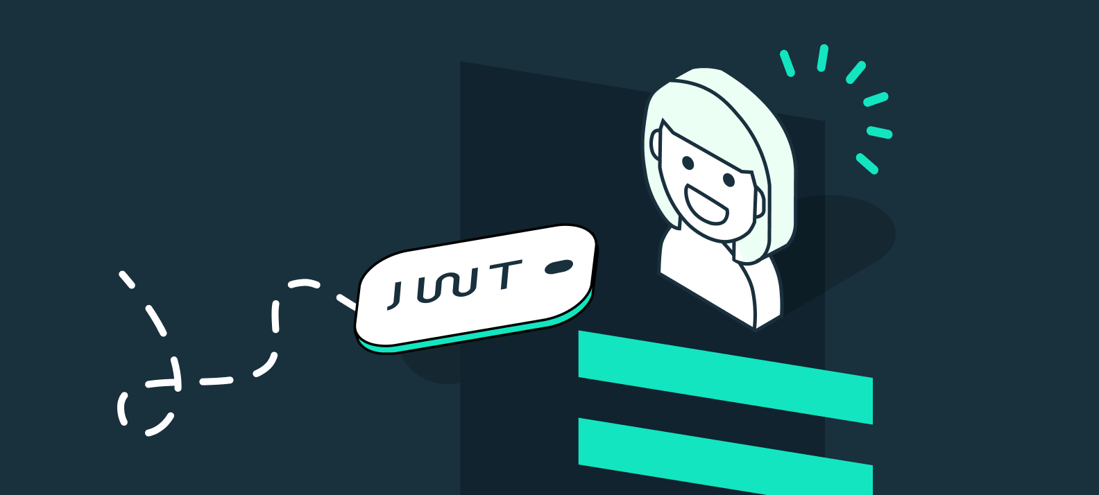 A JWT flies around the left side of the image while a girl on the right smiles at it, conveying a positive user experience.