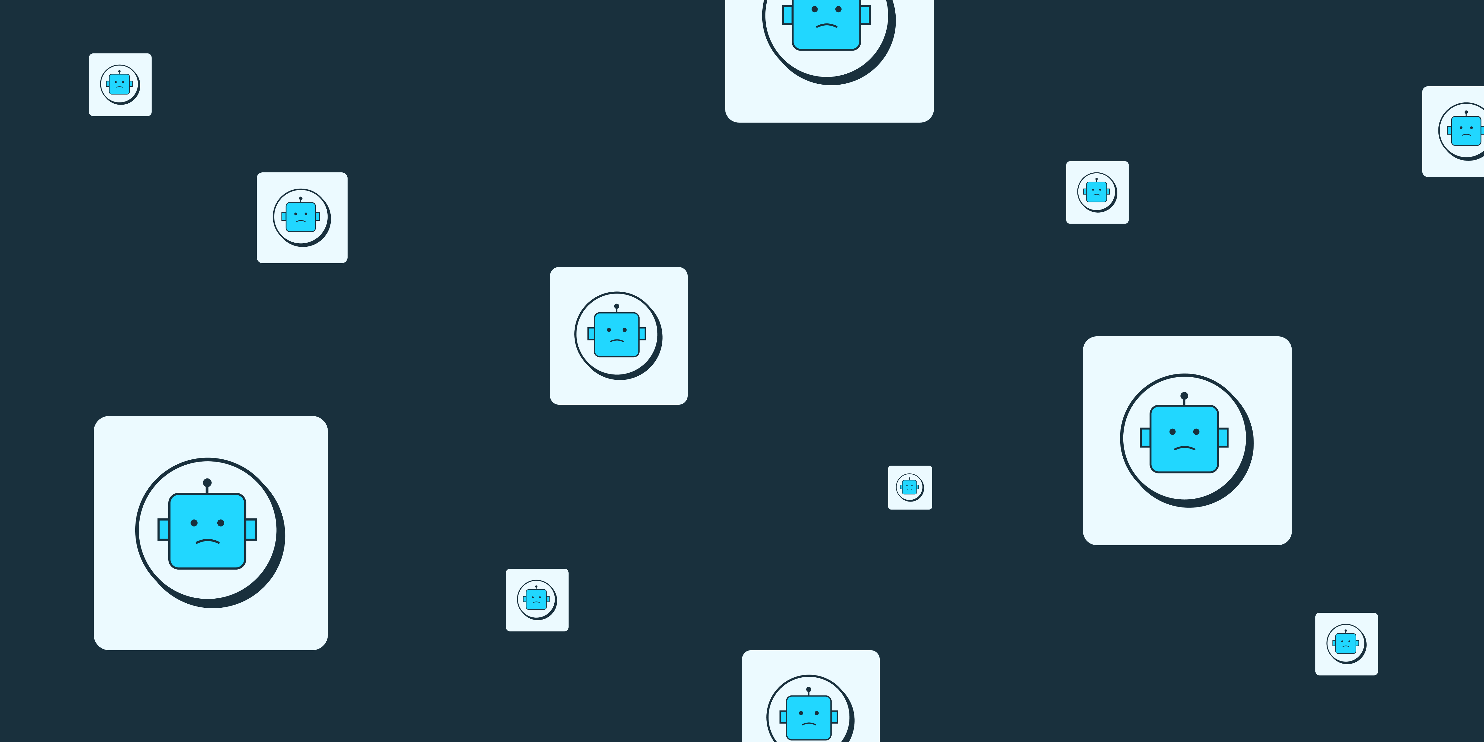 An array of light blue bot icons floating on a dark blue background