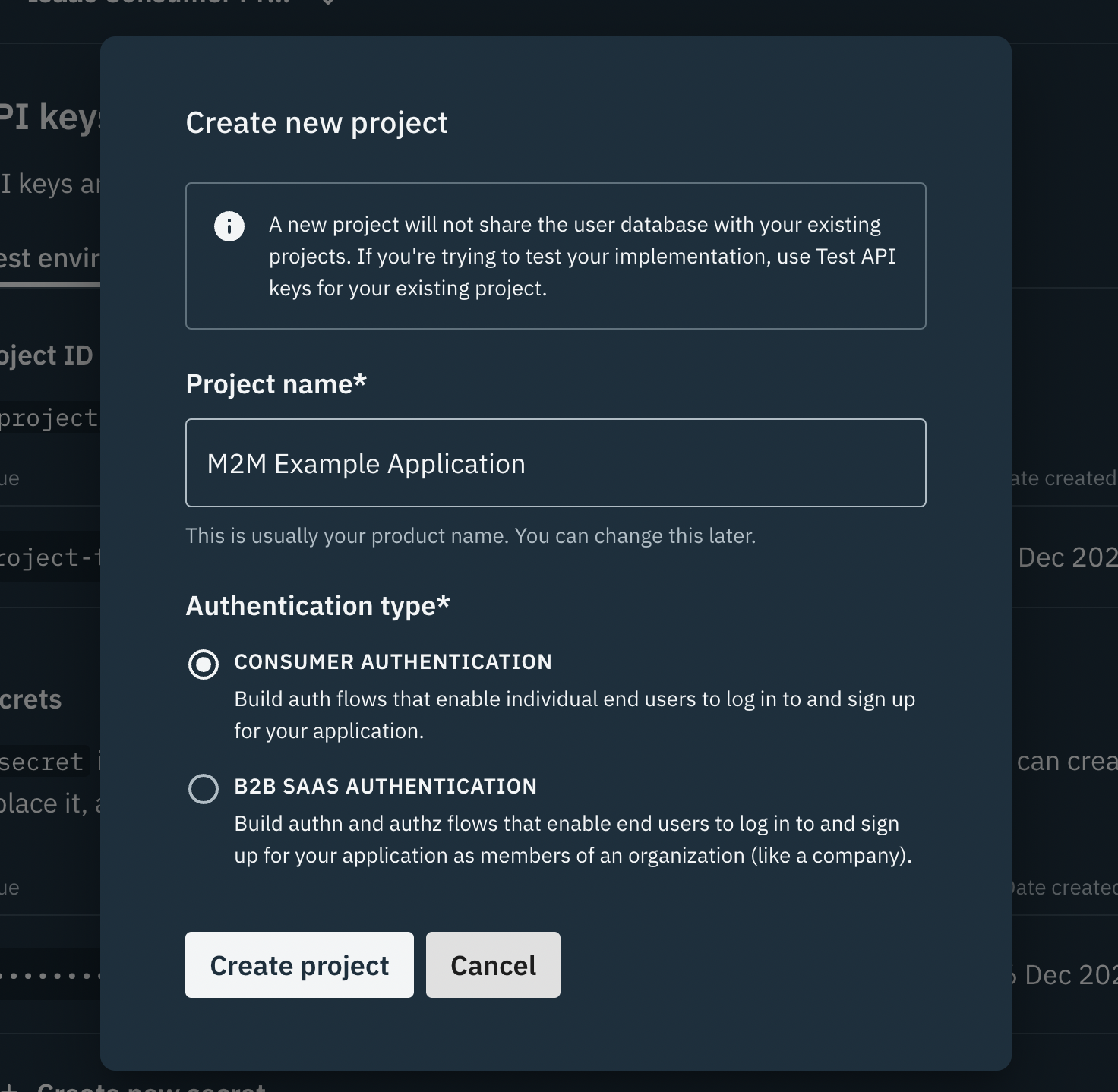 Screenshot showing how to create a new consumer authentication project on Stytch
