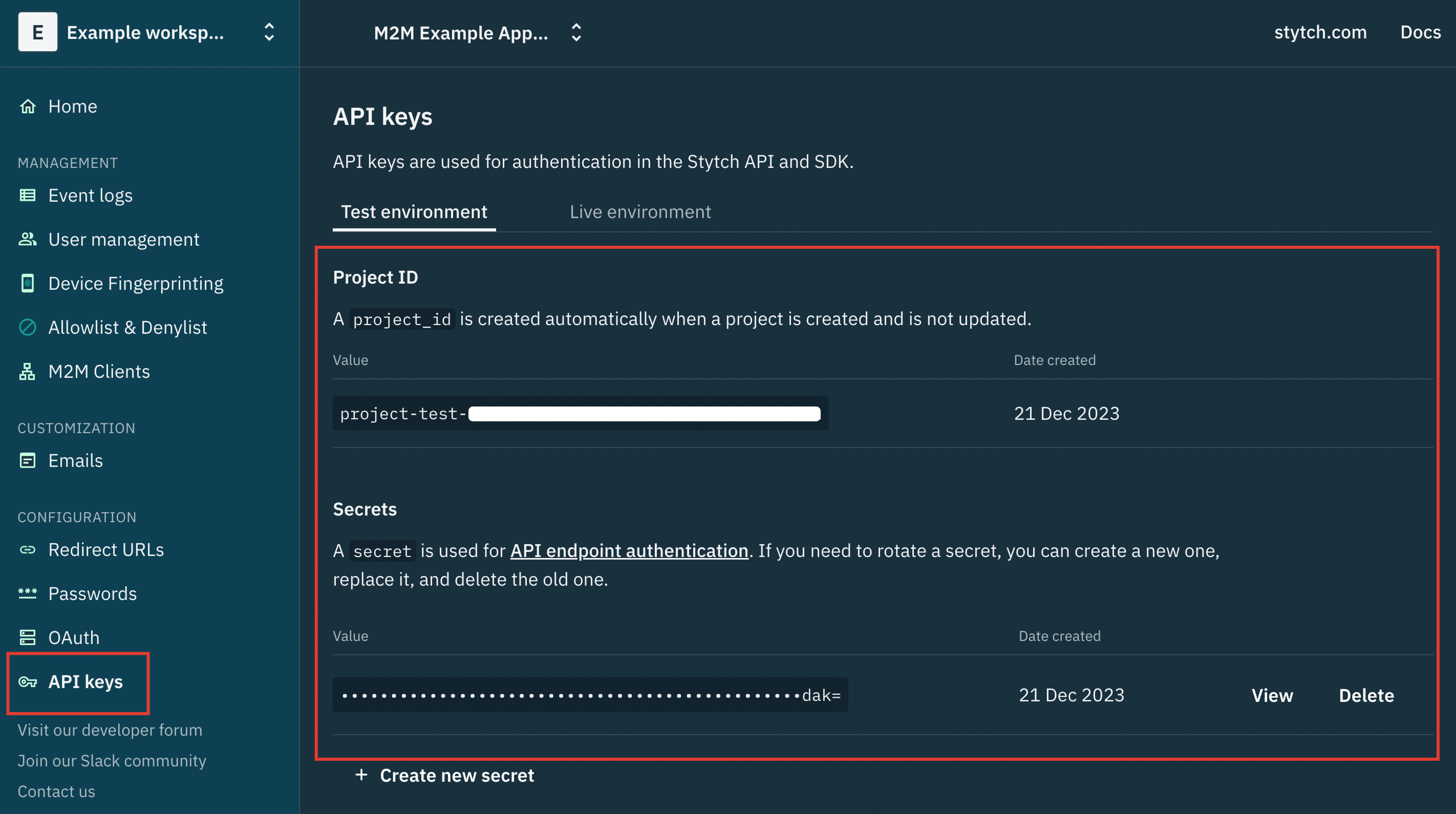 Screenshot showing how to find your Project ID and Secret on Stytch