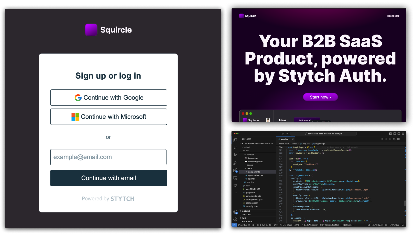 Preview images of the Stytch B2B SaaS Example App