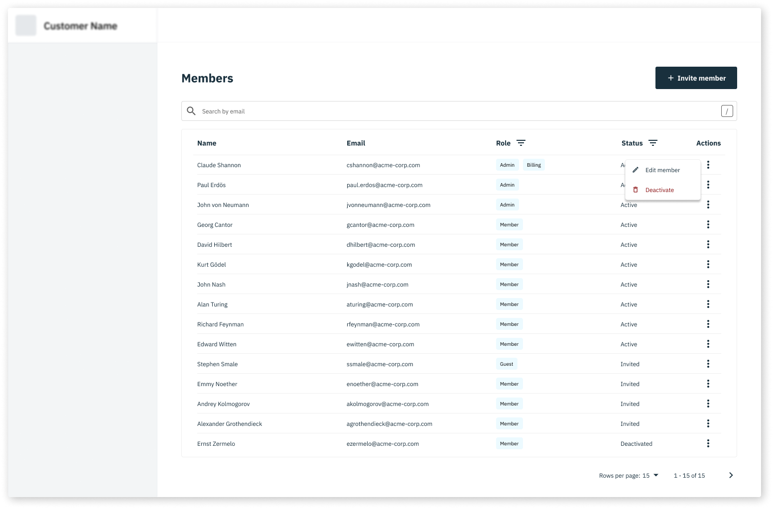 Admin Portal Member Management UI