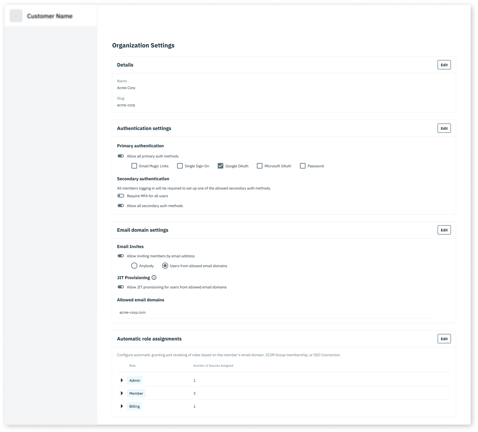 Admin Portal Organization Settings UI