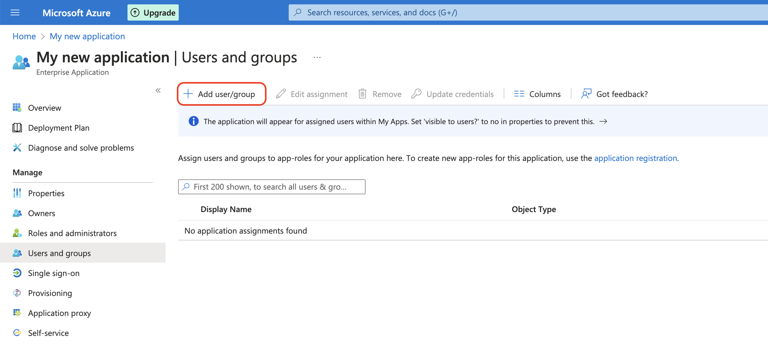 Add user/ group button in Azure