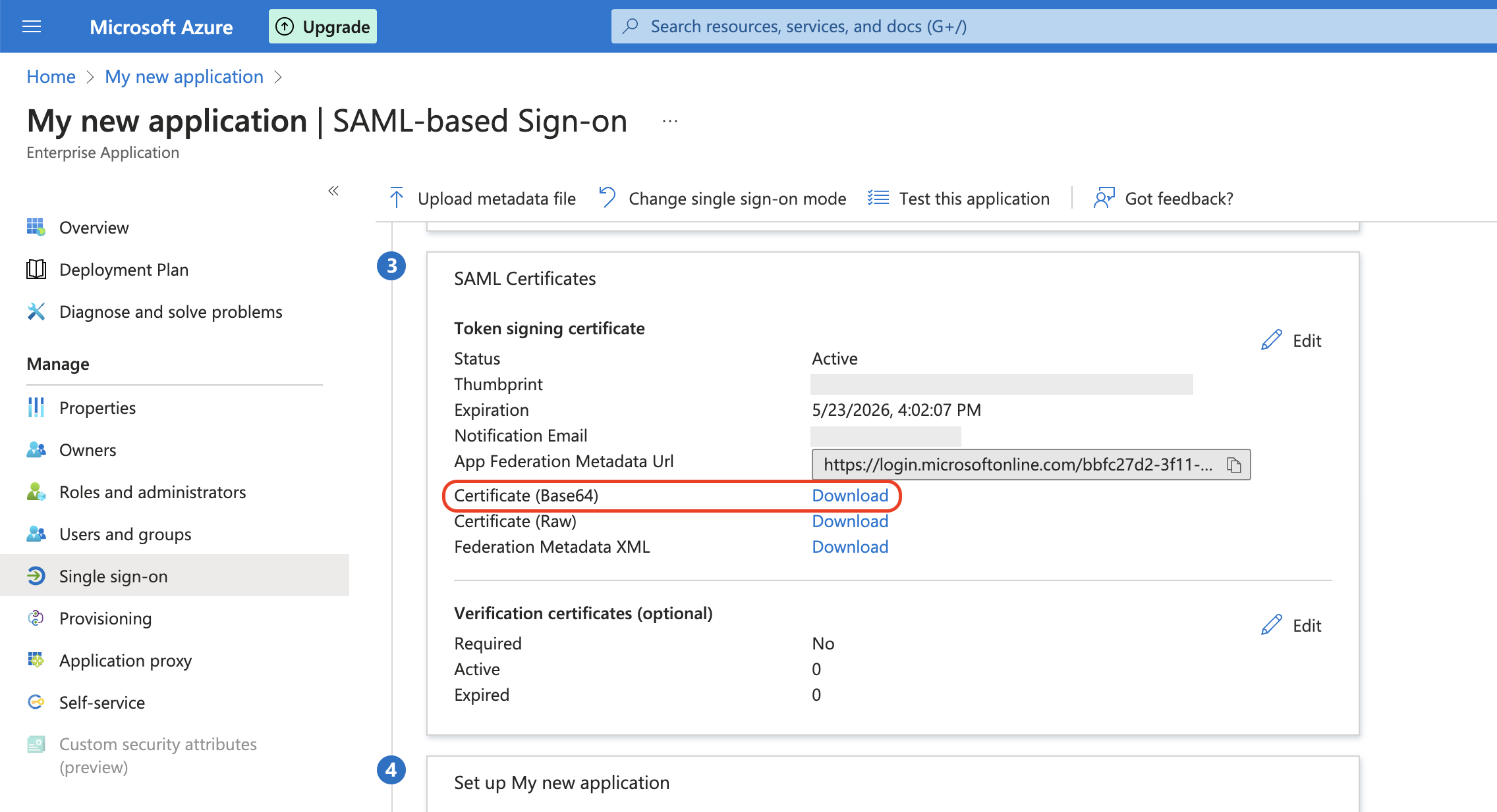 Download certificate button in Azure