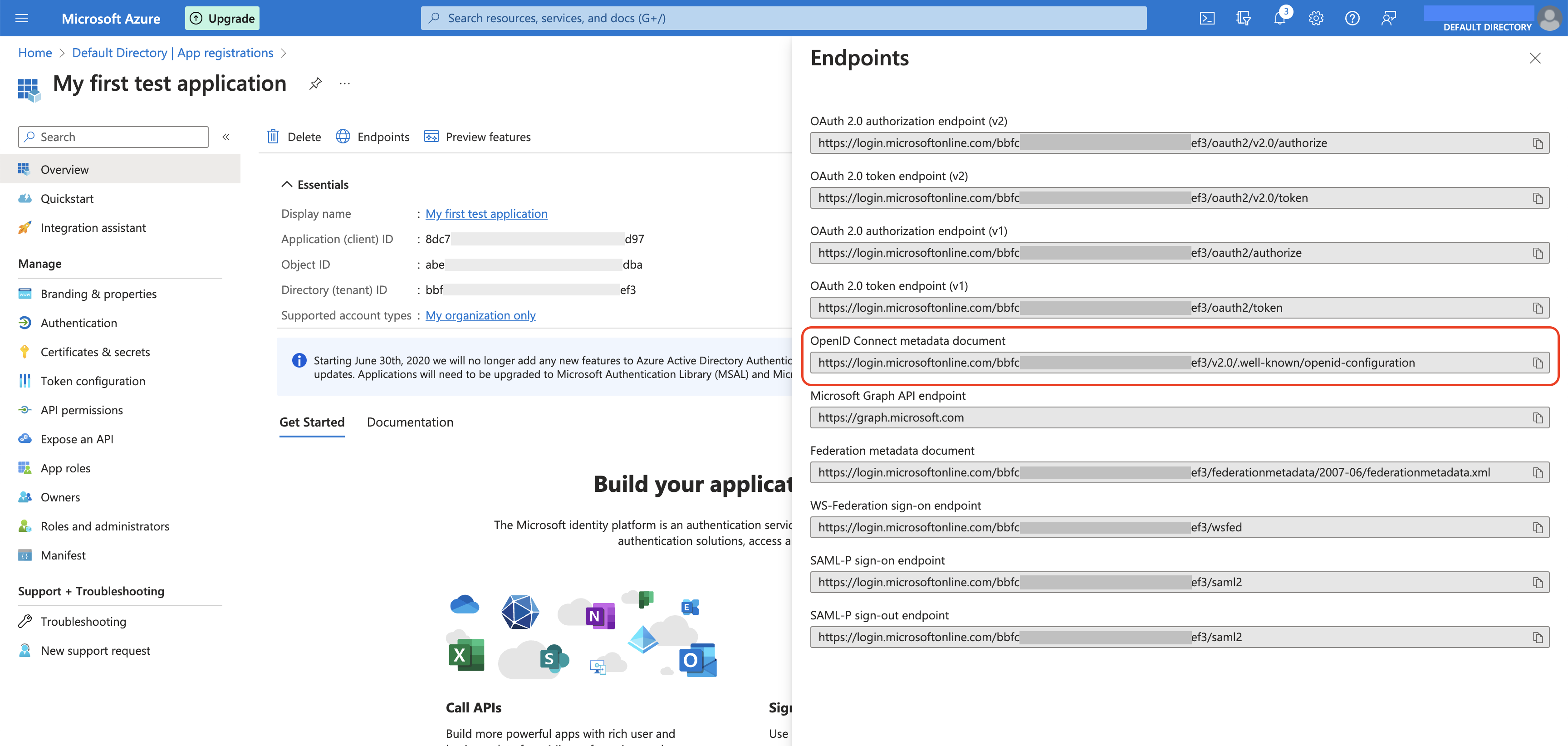 Endpoints tab in Azure