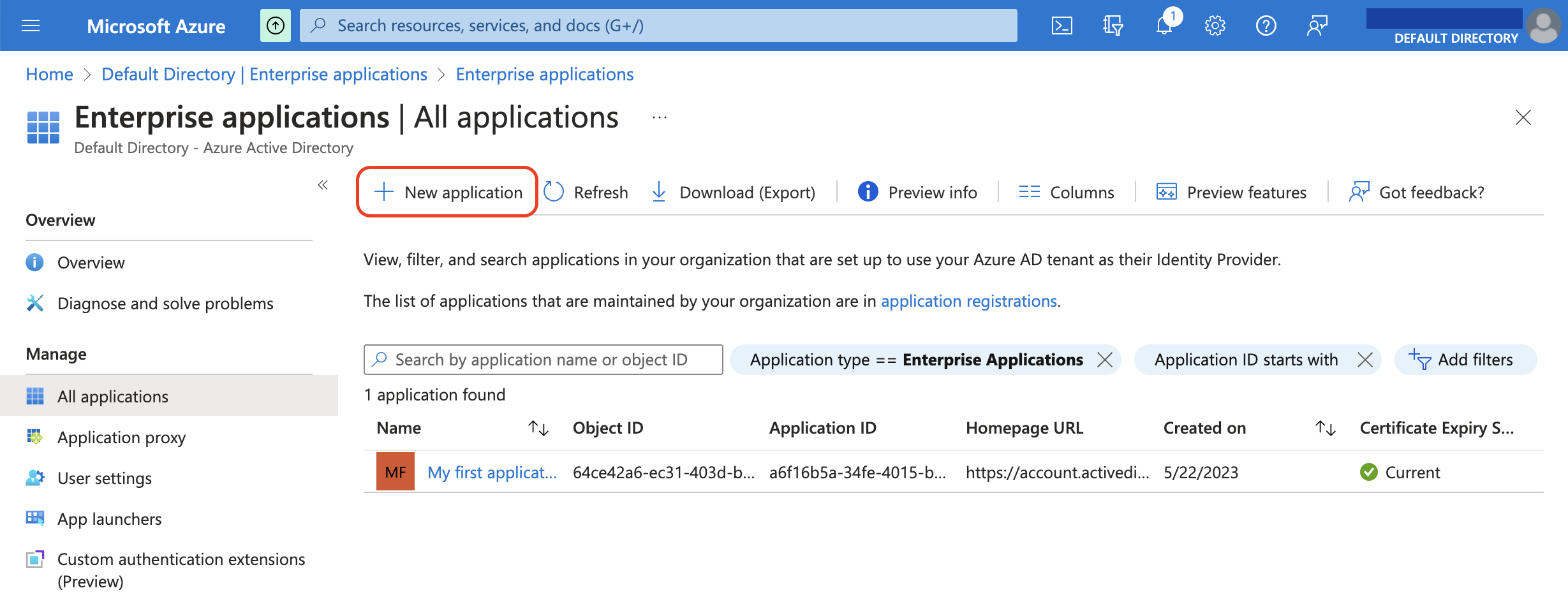 New application button in Azure