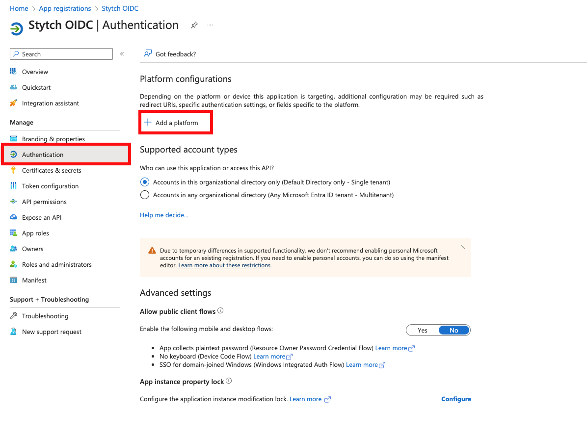 Entra OIDC add platform config in authentication setup