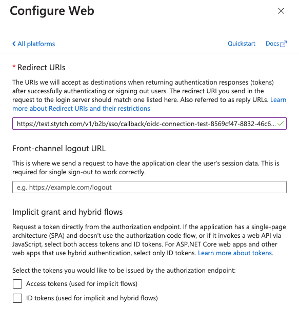 Entra OIDC configure Redirect URL