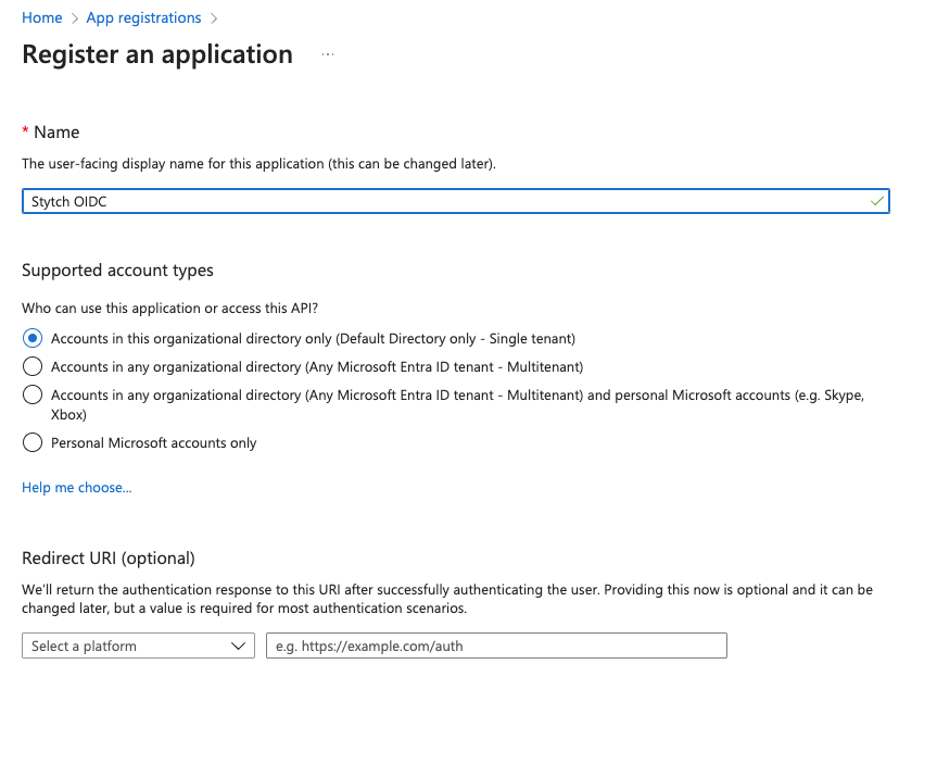 Entra OIDC register your application