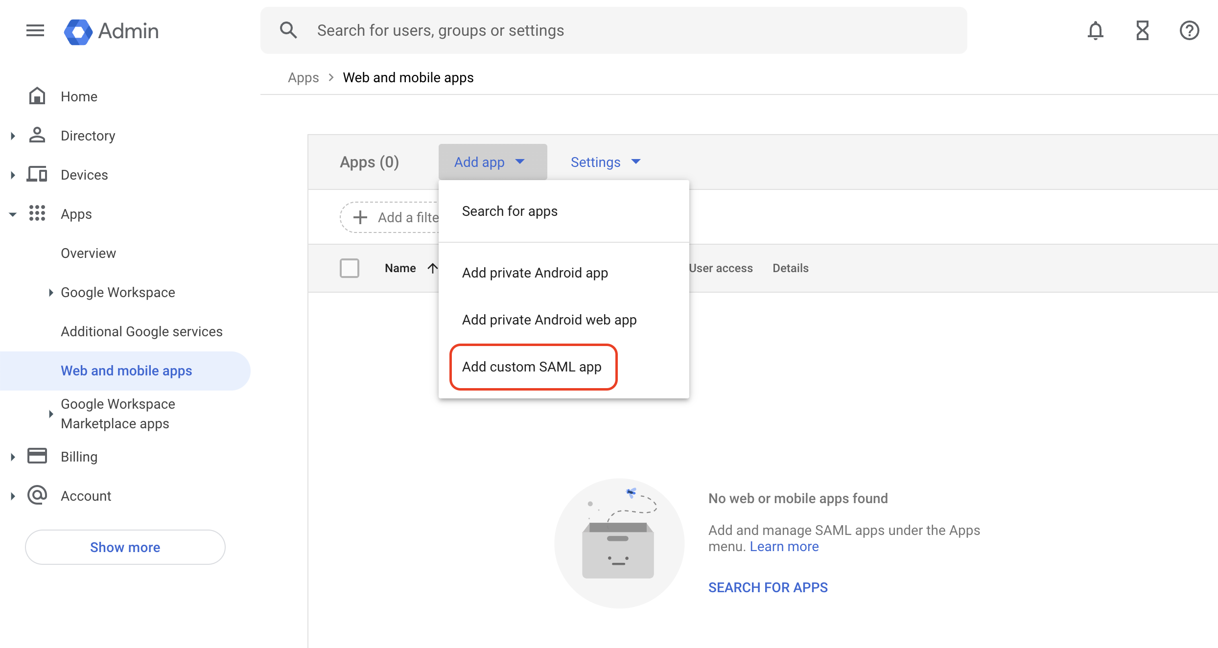 Add custom SAML app button in Google Workspace