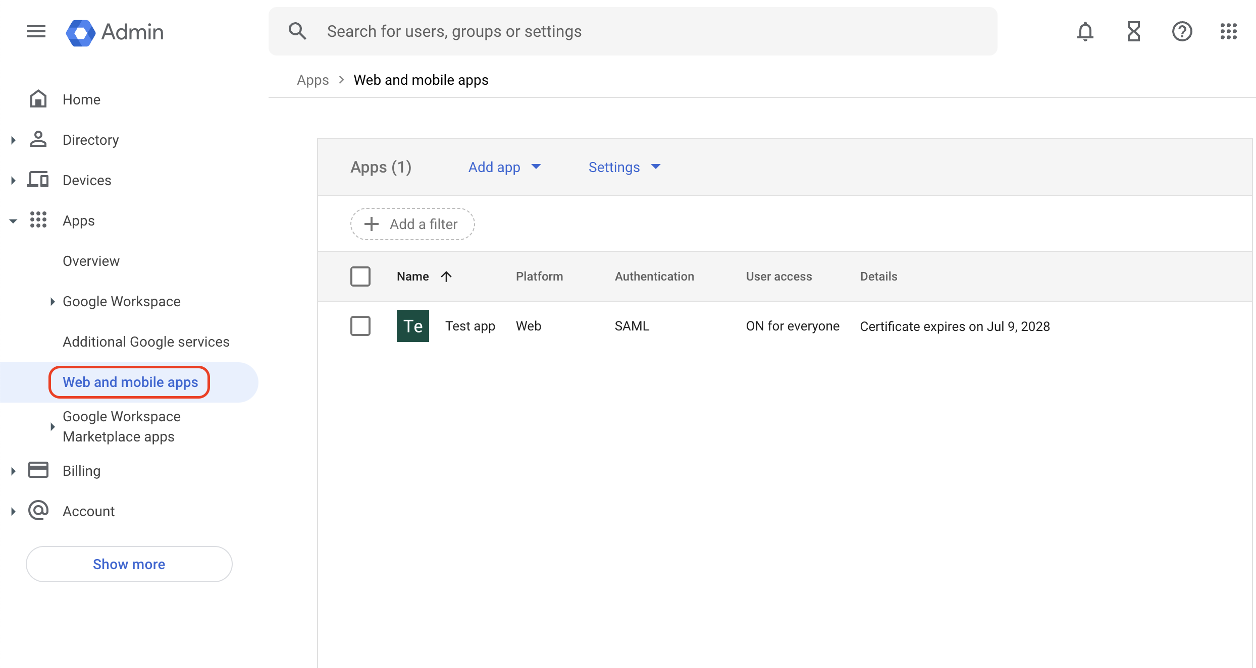 Web and mobile apps tab in Google Workspace