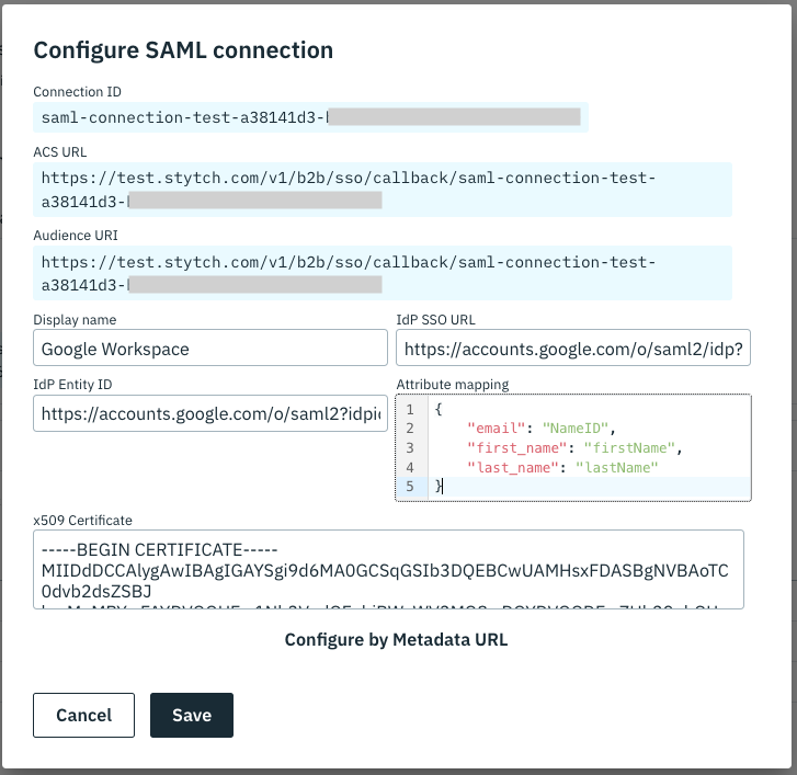 Stytch SSO Connection configured for Google