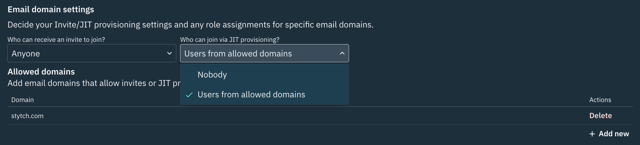 Dashboard page for configuring JIT Provisioning by email domain