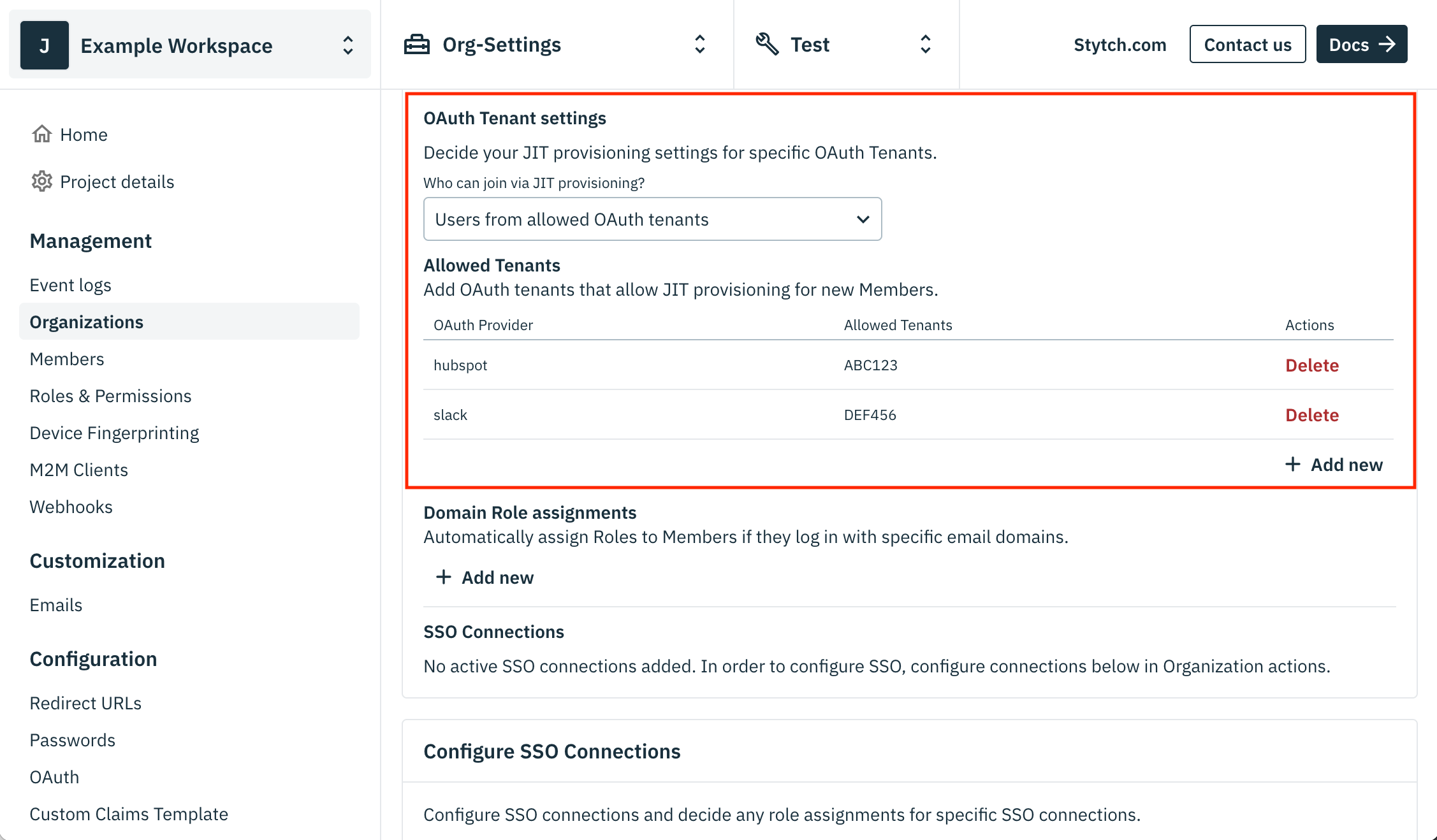 Dashboard page for configuring JIT Provisioning by OAuth tenant