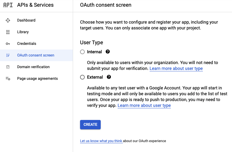 OAuth consent start screen