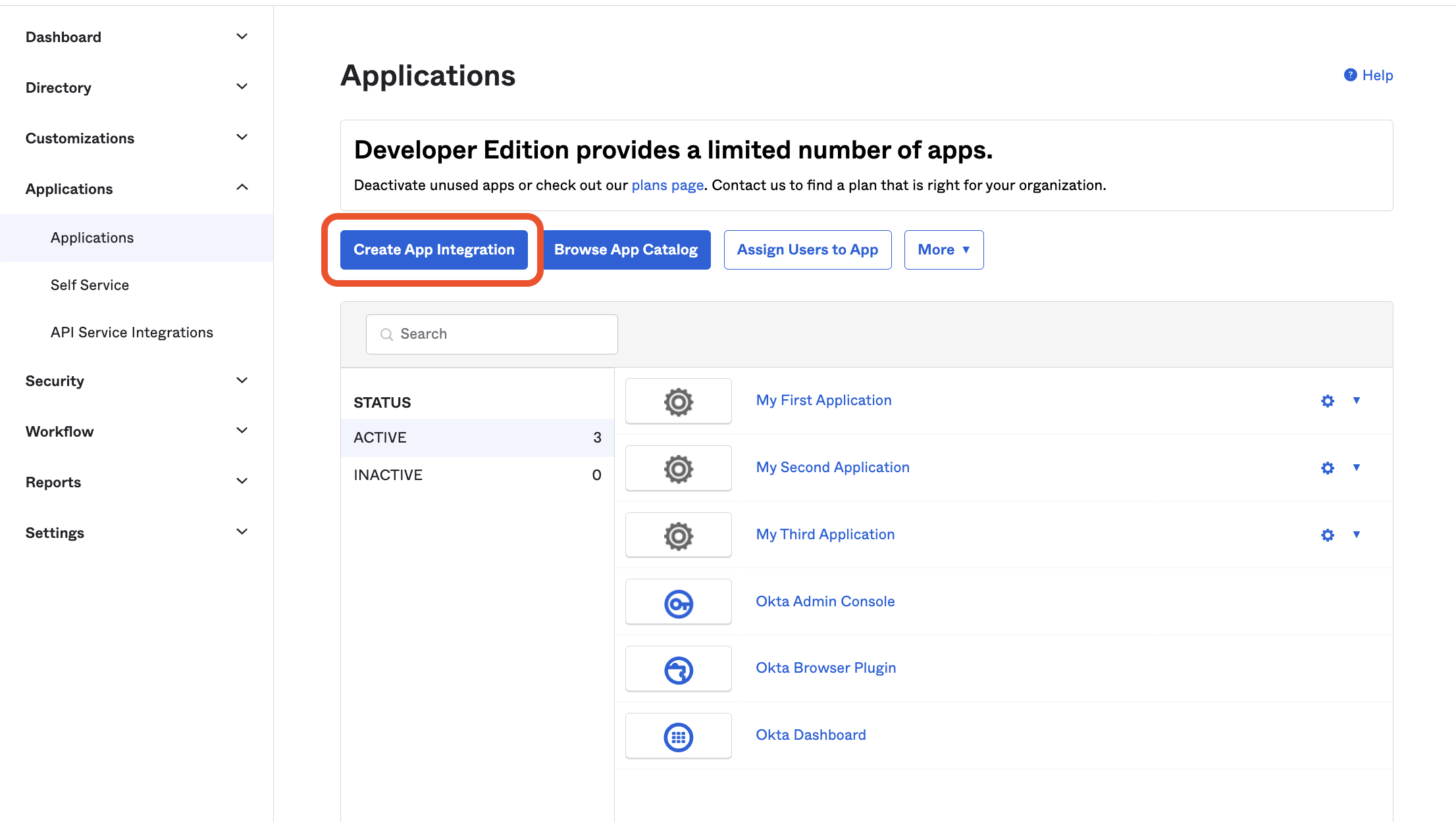 Create App Integration button in Okta