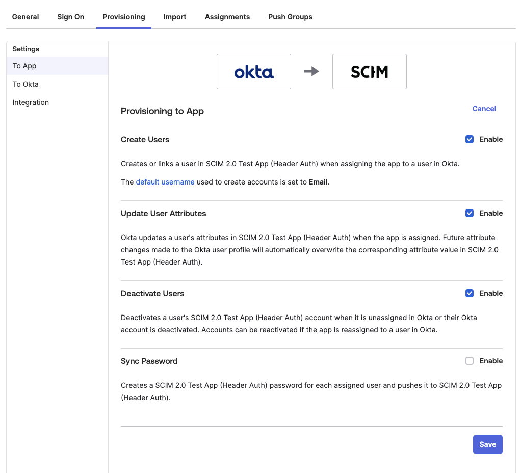 Enable SCIM actions to send from Okta